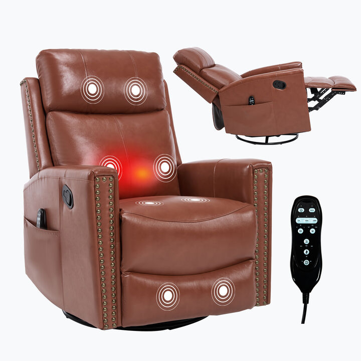Gnuine Leather Heat Massage Manual Recliner Chair with Rocker and Swivel