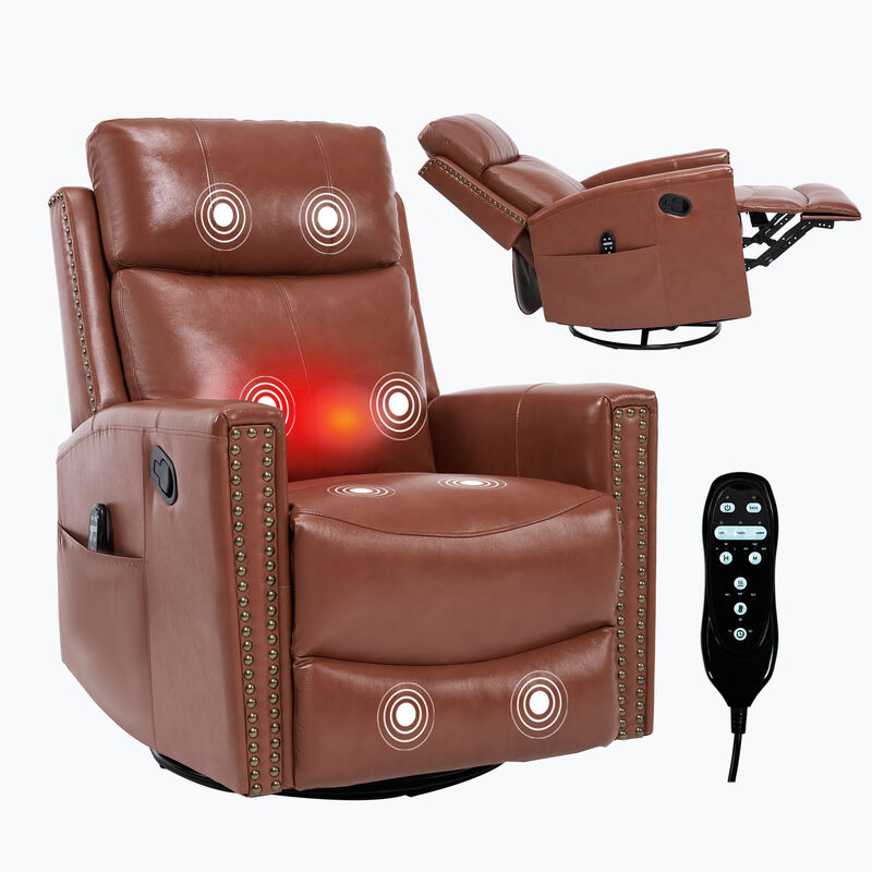 Gnuine Leather Heat Massage Manual Recliner Chair with Rocker and Swivel image number 0