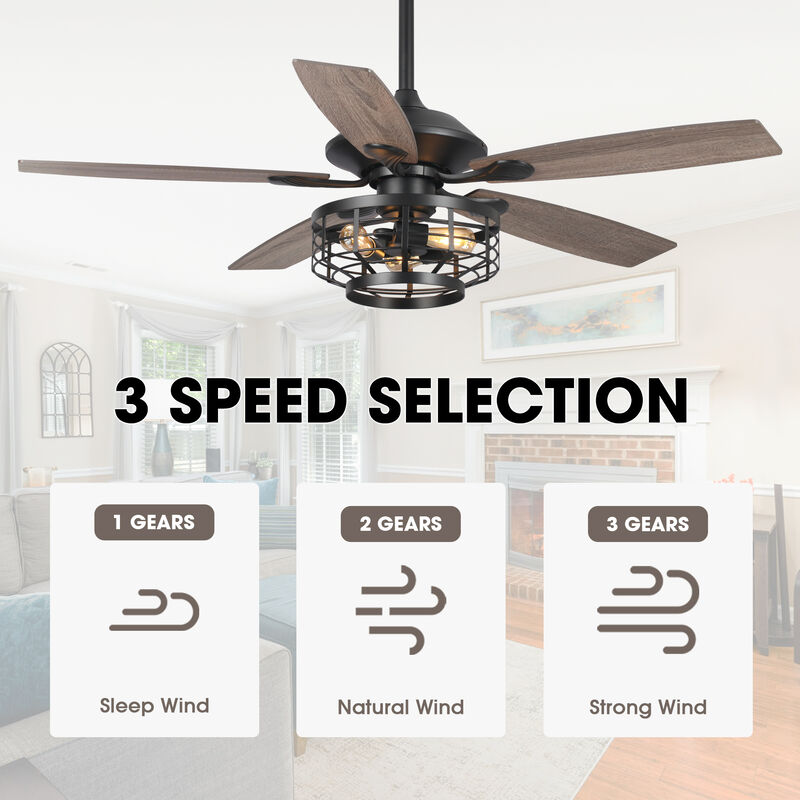 52" Industrial Wood 5-Blade 3-Light Metal Ceiling Fan with Remote
