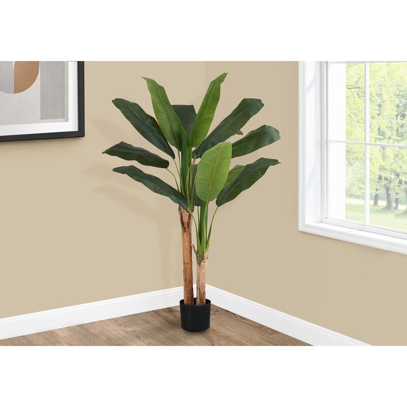 Monarch Specialties I 9568 - Artificial Plant, 55" Tall, Banana Tree, Indoor, Faux, Fake, Floor, Greenery, Potted, Real Touch, Decorative, Green Leaves, Black Pot