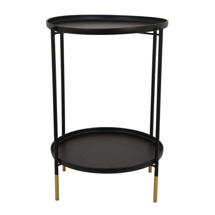 Addy Two-Tier Round Side Table with Tray Shelves Accent, Black Metal 24 Inch