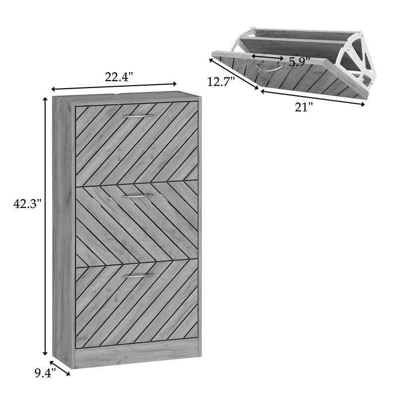 Gray 18-Pair Shoe Storage Cabinet with 3-Drawers and 6-Compartments and Wood Grain