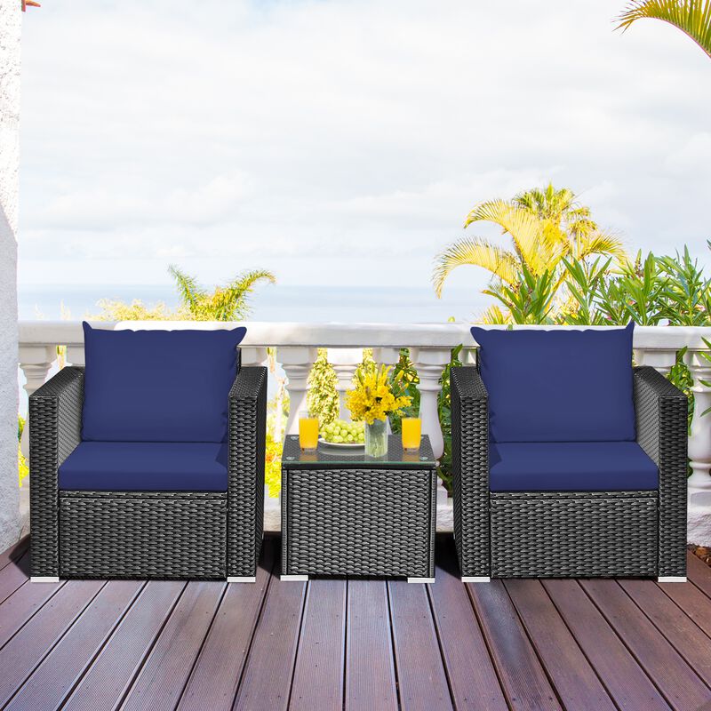3 Pieces Patio Wicker Conversation Set with Cushion