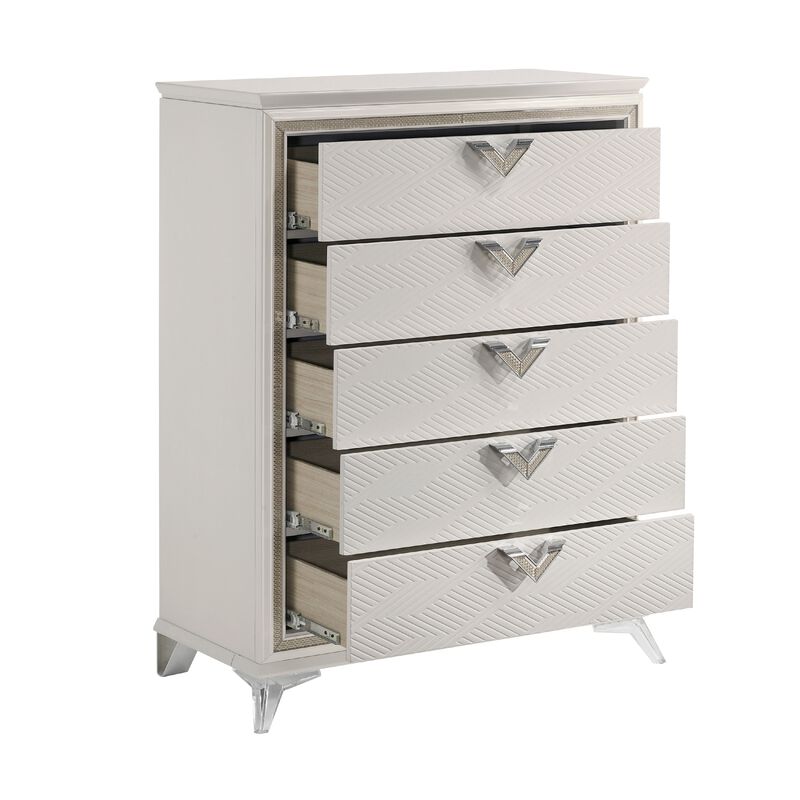 Dery Tall Dresser Chest, 5 Drawer Chrome Triangle Handles, White, Gold - Benzara