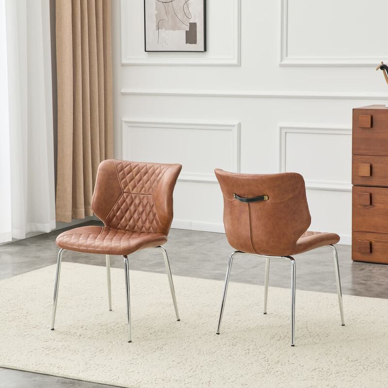 Set of 2 Leather Dining Chairs Square High Back Dining Chairs with Diamond Tufting Retro Dining Chairs with Metal Legs and Back Handle image number 3