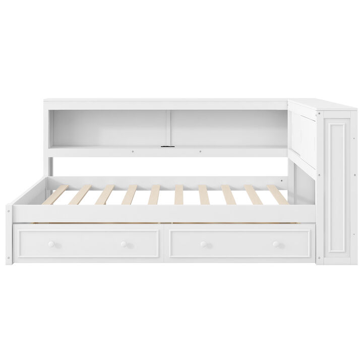 Whisen Full Size Wood Daybed with 2 Drawers, USB & LED, 86.2"x65.7"x37.7", Solid Wood+MDF, for Bedroom