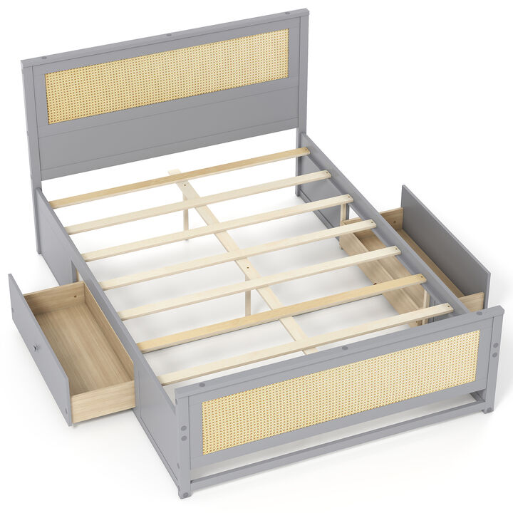 Woven Rattan Bed Frame with Drawer Storage for Modern Bedroom