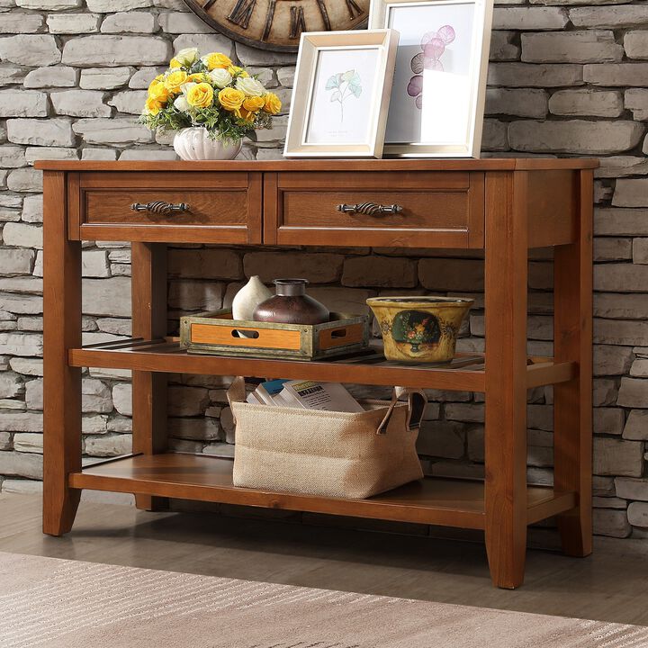 TATEUS Mid-Century Style Console Table with 2 Drawers & 2 Tier Shelves
