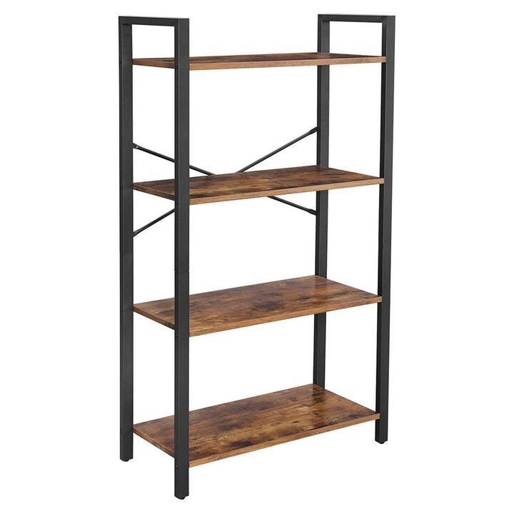 4 Tier Wood and Metal Bookcase with Criss Cross Back, Rustic Brown and Black-Benzara