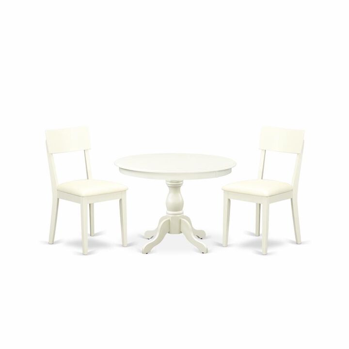 East West Furniture HBAD3-LWH-C 3 Piece Kitchen Set - Linen White Dining Room Table and 2 Linen White Faux Leather Dining Chairs with Andy Slat Back- Linen White Finish