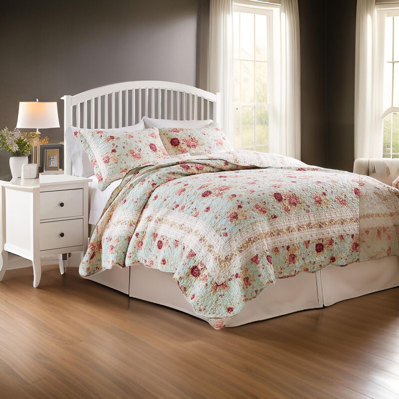 Rosle 3pc King Size Bedspread Set, 2 Shams, Rose Print, Soft Blue Cotton - Benzara