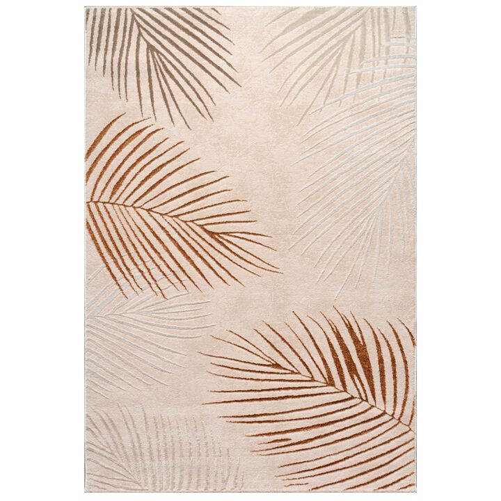 Modern Rug with Textured Palm Leaves in Cream Gold