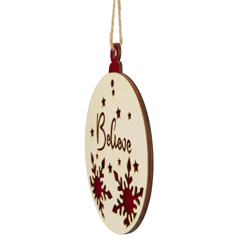 7" Round "Believe" Christmas Ornament Disc with Snowflake and Star Cutouts image number 4