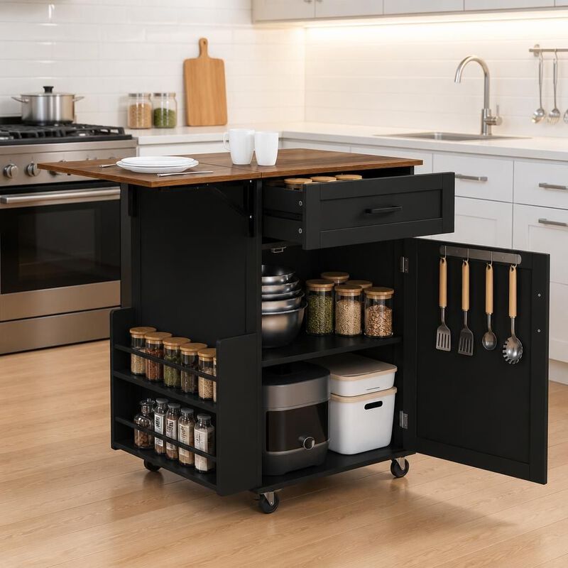 ELEMENT ACE Rolling Drop Leaf Kitchen Island Cart with Storage Drawer Open Side Rack Towel Rack Lockable Wheels for Small Kitchens image number 3