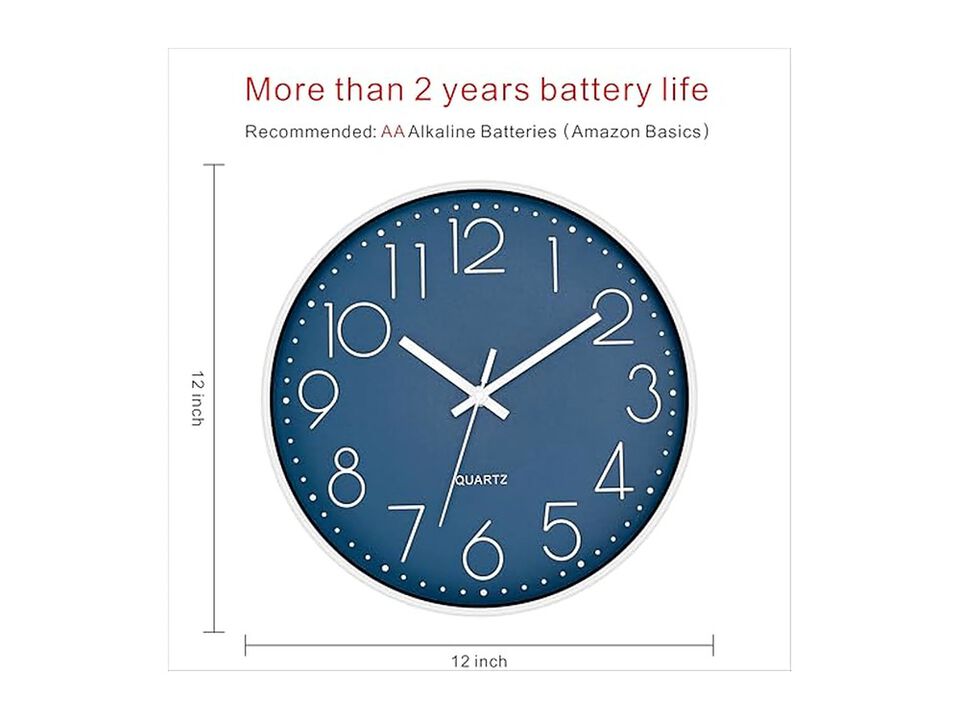 Cerulean Wall Clock 12 Inch Silent Non Ticking Modern Battery Operated