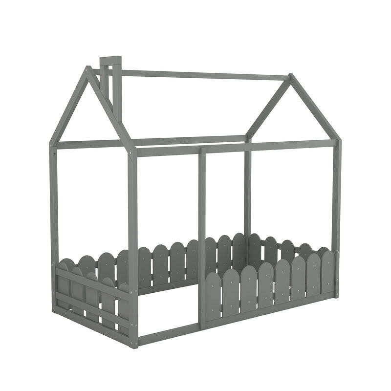 （Slats are not included) Twin Size Wood Bed House Bed Frame with Fence, for Kids, Teens