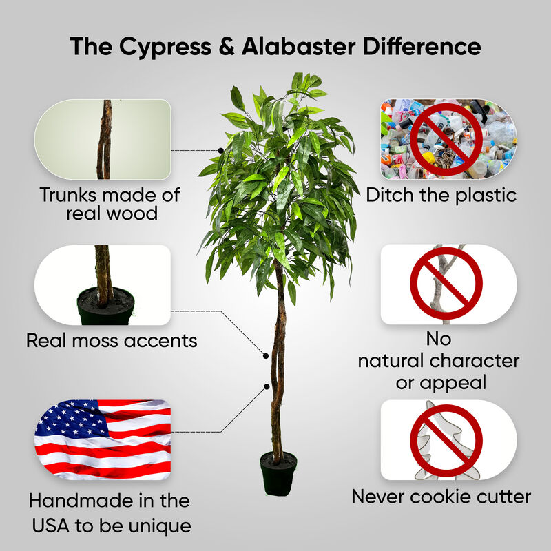 Handmade 6' Artificial Jungle Leaf Tree In Home Basics Plastic Pot Made with Real Wood and Moss Accents