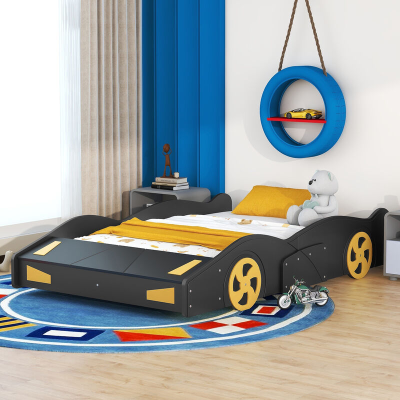 Merax Race Car-Shaped Platform Bed with Wheels and Storage