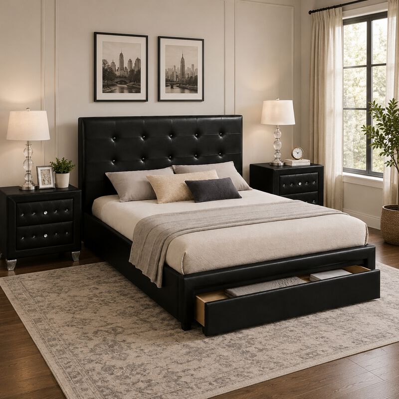 Queen Bedroom Set, Black Wood, 3 Piece Set with 2 Nightstands image number 1