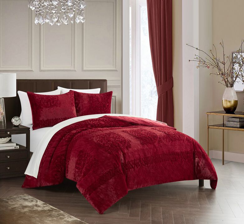 Chic Home Amara Comforter Set Embossed Mandala Pattern Faux Fur Micromink Backing Bedding - Pillow Shams Included - 3 Piece - Queen 90x92", Wine