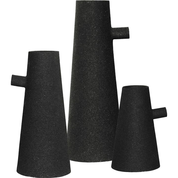Set of 3 Matte Black Contemporary Textured Vases 10"