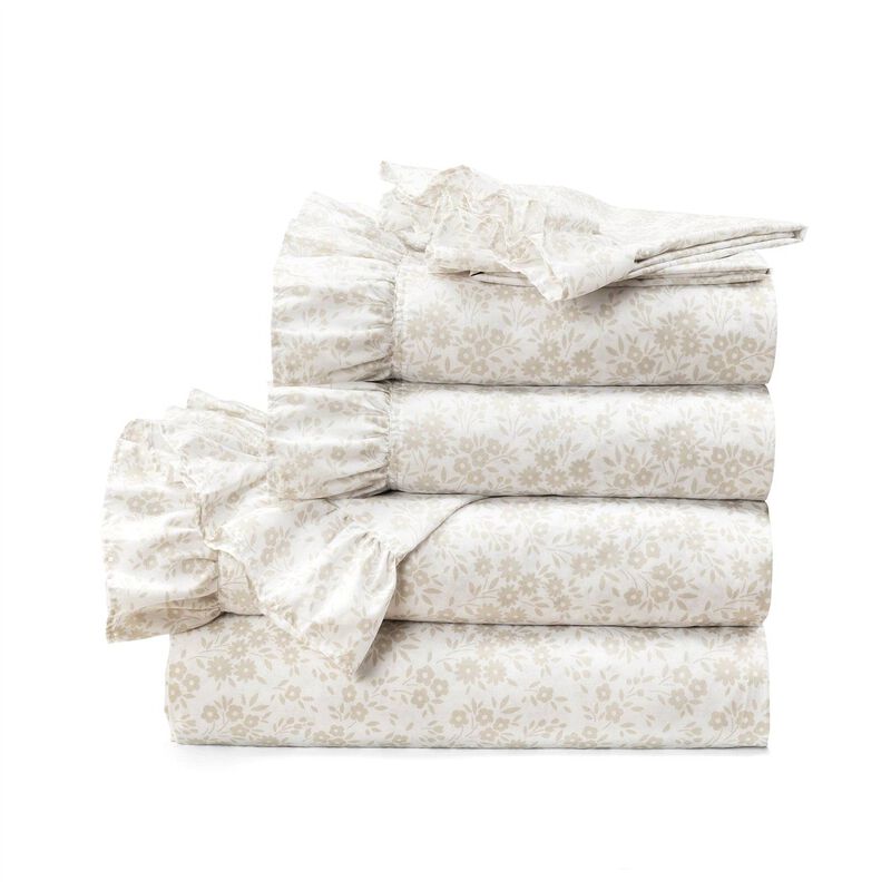 6 Piece Polyester Sheet Set Tan with Floral Print and Ruffle Detail