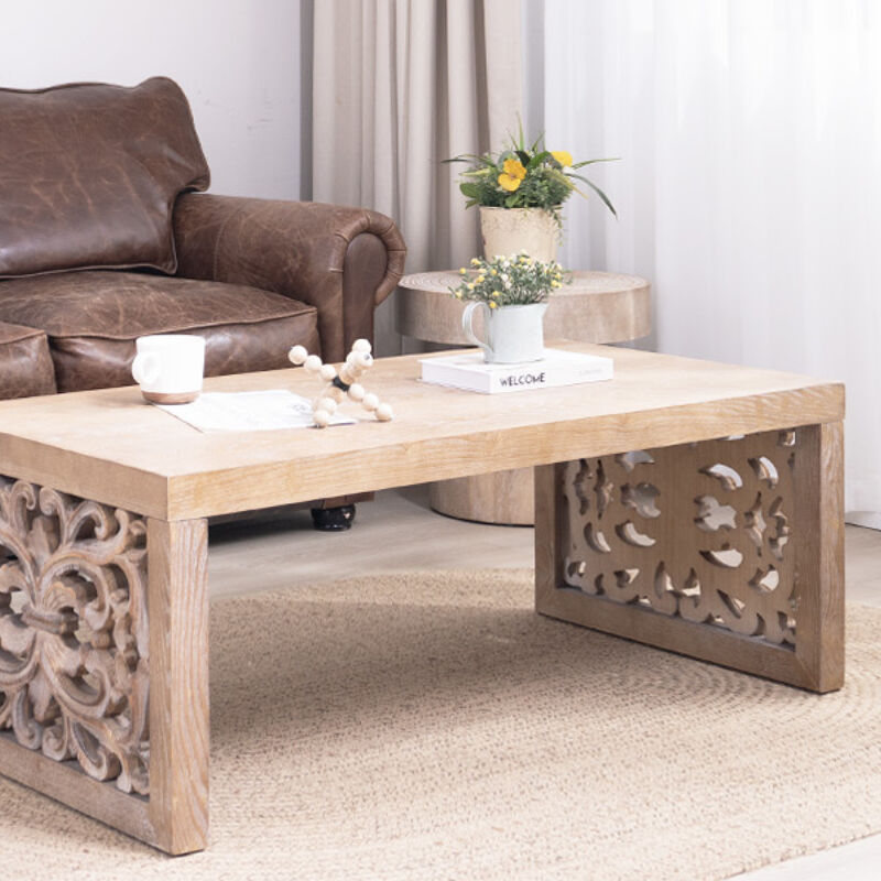 GOODSILO Rustic Carved Wood Coffee Table with Ornate Side Panels and Natural Finish image number 9