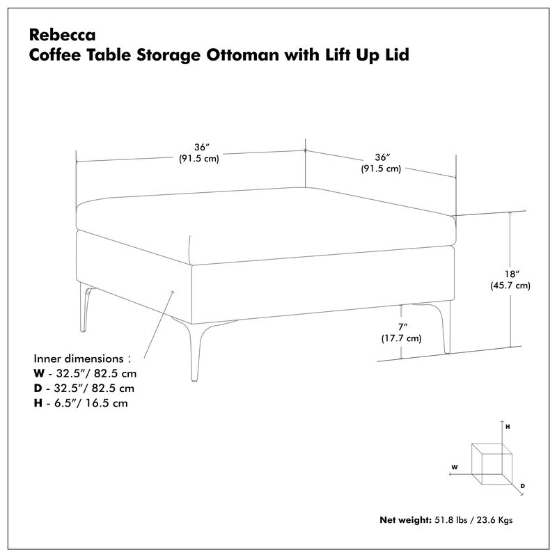 Rebecca 36 inch Wide Contemporary Square Mid Century Coffee Table Storage Ottoman with Lift Up Lid in Cloud Grey Polyester Linen, Assembled