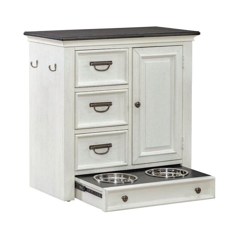 Liberty Furniture Cabinet Cottage Home Storage Pet Food Bowl Drawer - White w/ Charcoal Tops image number 2
