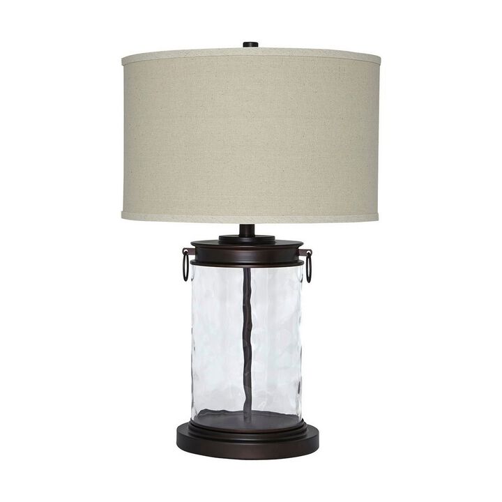 Drum Shade Table Lamp with Glass Insert Base, Bronze - Benzara