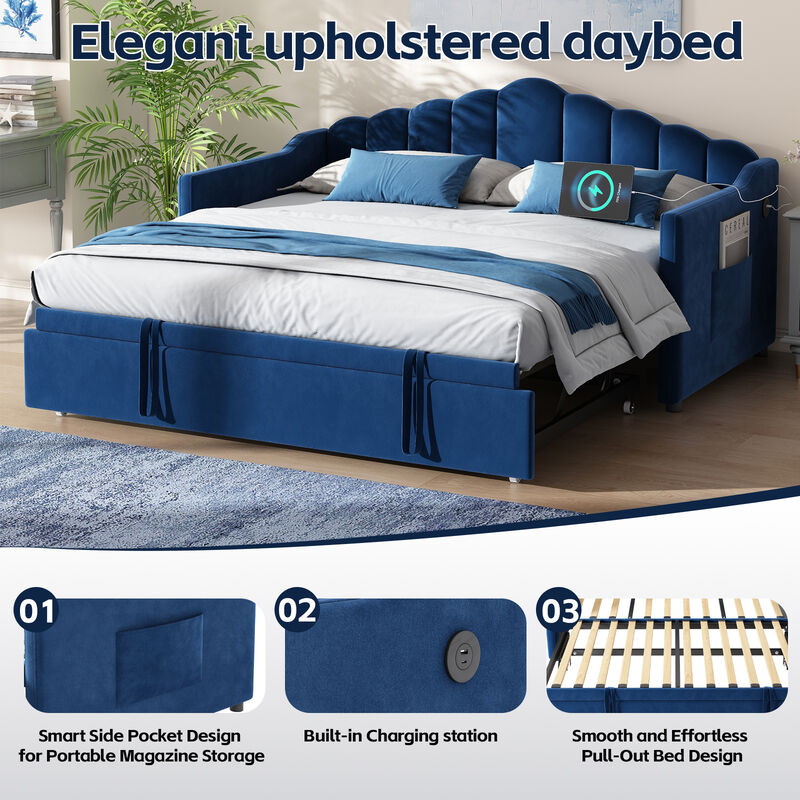 Merax Velvet Upholstered Twin Daybed with Height Adjustable Pop-Up Trundle image number 4