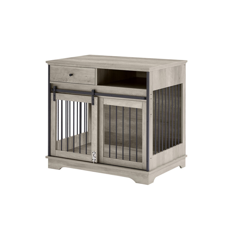 Sliding door dog crate with drawers. Grey,35.43" W x 23.62" D x 33.46" H