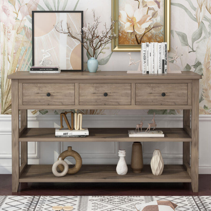 Entryway Console Table with Wood Frame, 3 Drawers, and 2 Open Shelves for Storage
