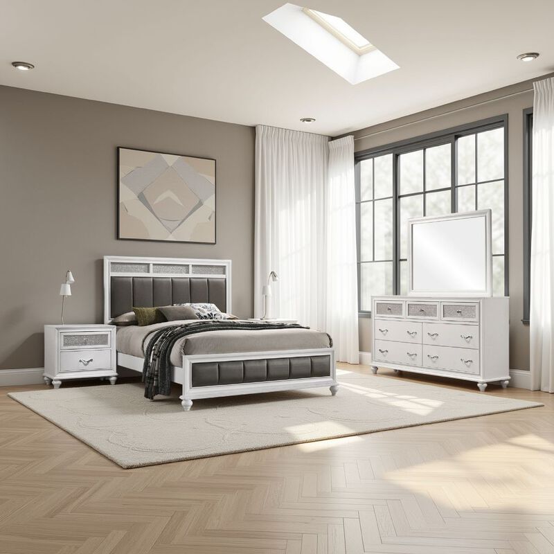 Dini 4pc Queen Bedroom Set, Gray Faux Leather Grid Upholstery, White