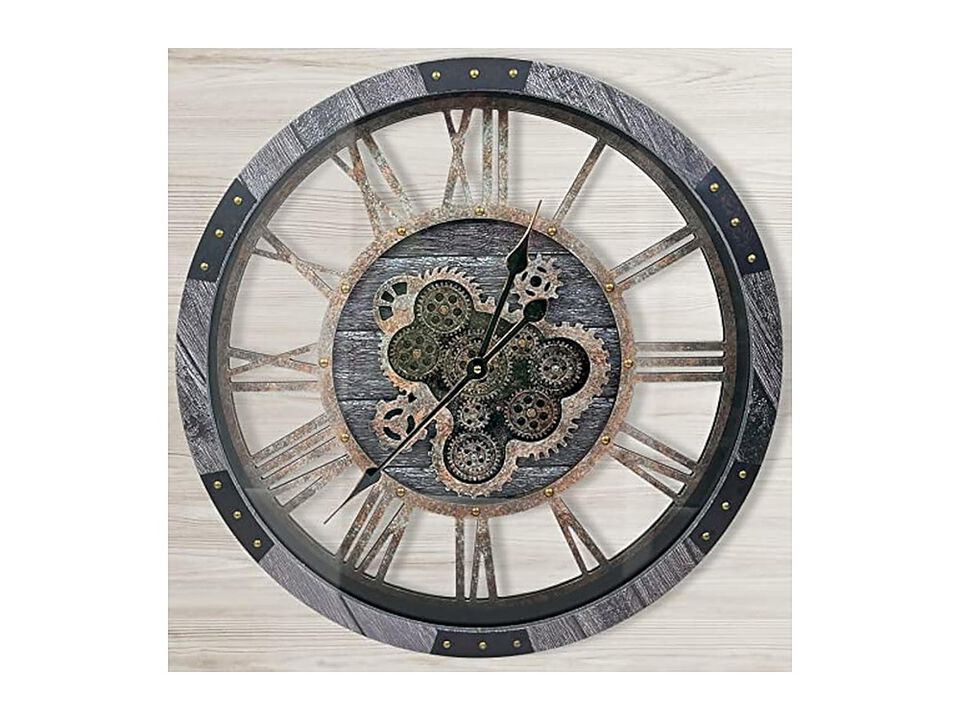 Moving Gears Oversize Vintage Industrial Wall Clock 24 Inch Wood Gray