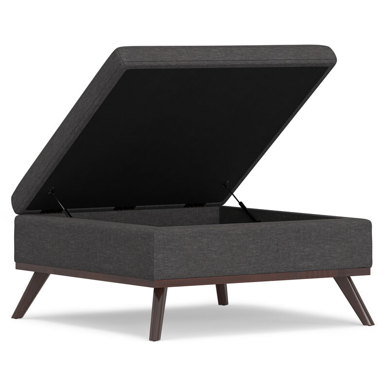 Owen Square Coffee Table Storage Ottoman in Slate Grey Linen Look Fabric
