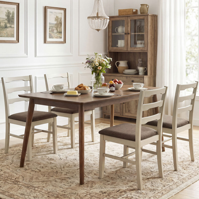 Set of 4 Upholstered Kitchen Chairs with Wooden Legs Linen Look Dining Room Chair Set-Ivory image number 3