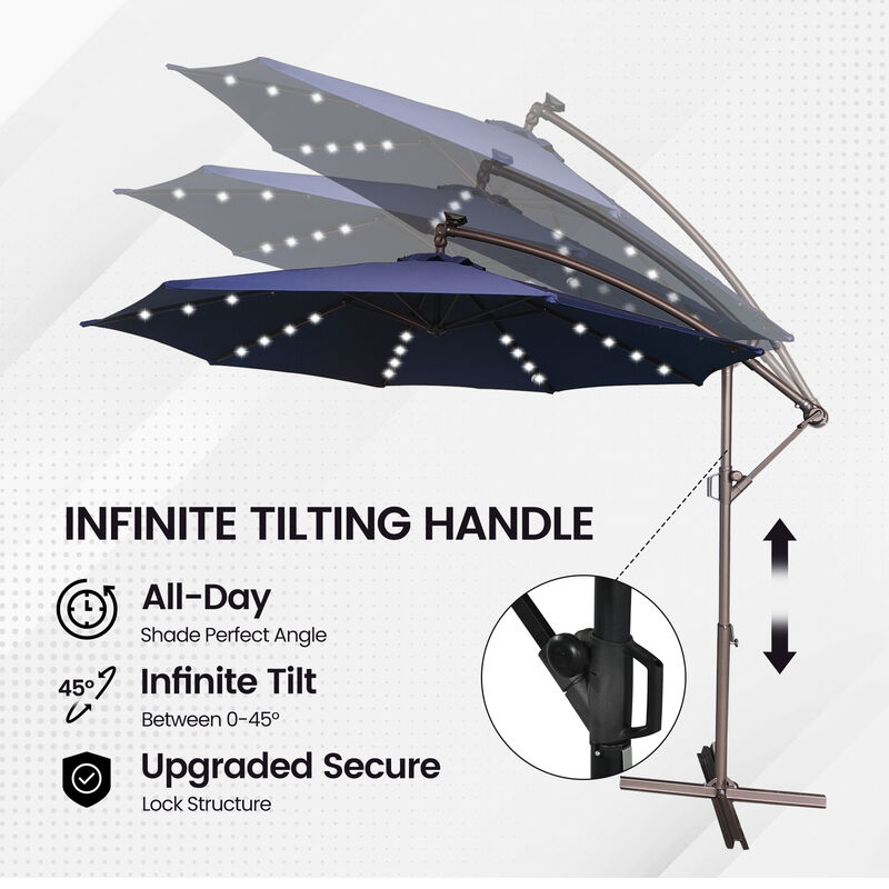 Mondawe 10 Ft Cantilever Patio Offset Umbrella Upgrade Crank Hanging Canopy Umbrella With LED Lamp Bead