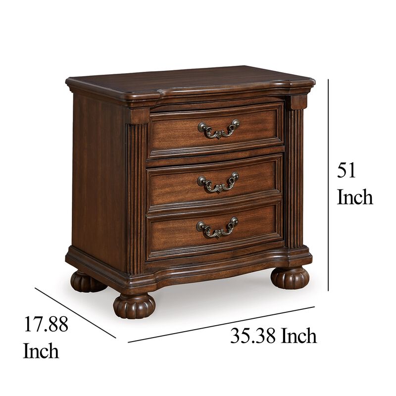 Laon Nightstand, 3 Drawer, Bronze, 29 Inch Cherry Brown Solid Hardwood - Benzara