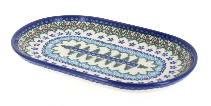 Blue Rose Polish Pottery Holiday Pine Small Oval Dish
