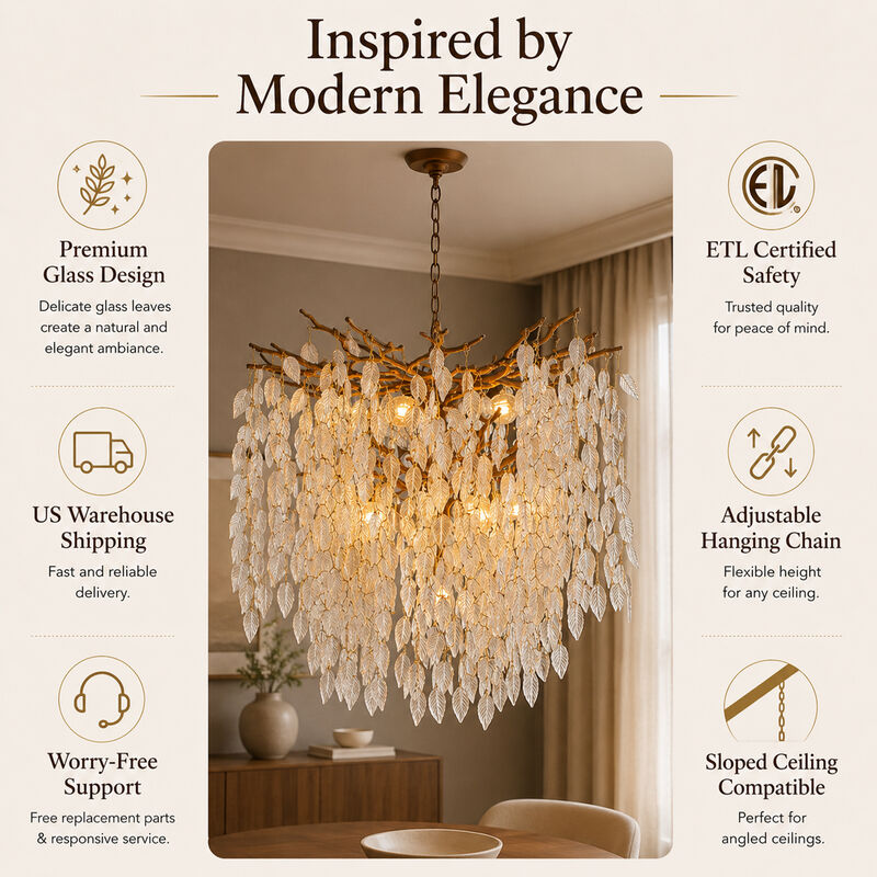 11-Light 22'' Modern Branch Chandelier with Glass Leaves in Painted Brass for Dining Room and Entryway image number 5