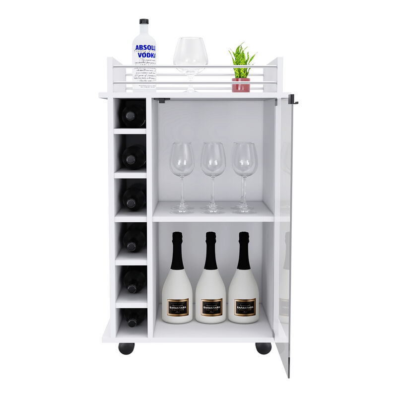 DEPOT E-SHOP Huali Bar Cart, Six Built-in Wine Rack, Glass Door, Four Casters, Two Shelves, White