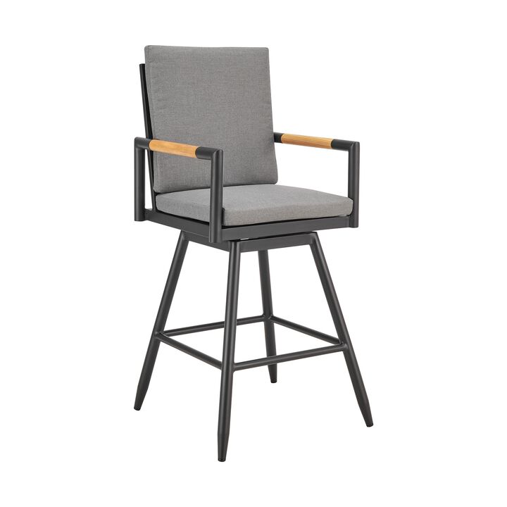 Razi 26 Inch Outdoor Swivel Counter Stool Chair, Black Metal, Gray Cushions - Benzara