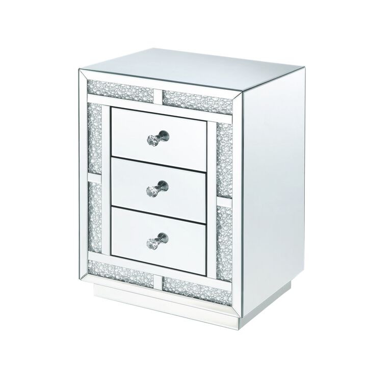 Mirrored Wooden Night Table with Flat Base and 3 Drawers, Silver-Benzara