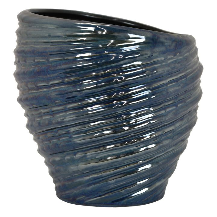 Avery Round Modern Vase, Spiral Turned Design, Blue Ceramic 17 Inch - Benzara