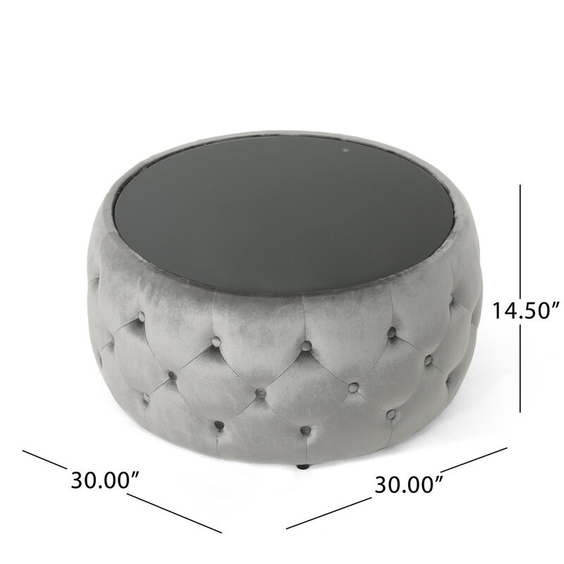 Streamdale Modern Glam Diamond Tufted Velvet Ottoman with Tempered Glass Top image number 7