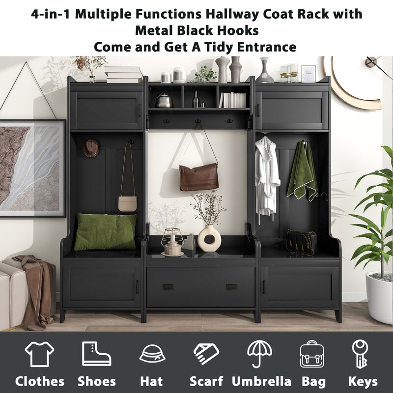 Modern Style 4-in-1 Multiple Functions Hallway Coat Rack with Seven Metal Black Hooks, Entryway Bench Hall Tree with Ample Storage Drawer, Black (Old SKU: SD000006AAB)