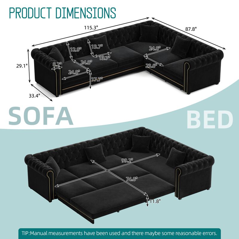 Gorheg Velvet L‑Shaped Chesterfield Sectional Sleeper Sofa image number 9