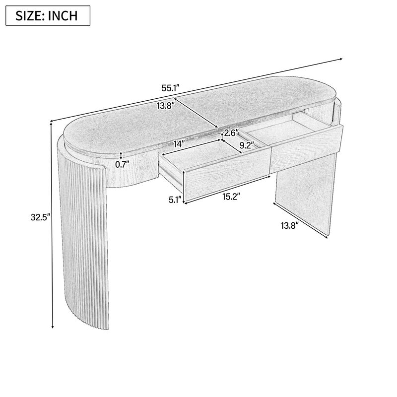 Merax Entryway Table with Natural Wood Grain Finish, Console Table with Fluted Design, Oval Top and 2 Drawers