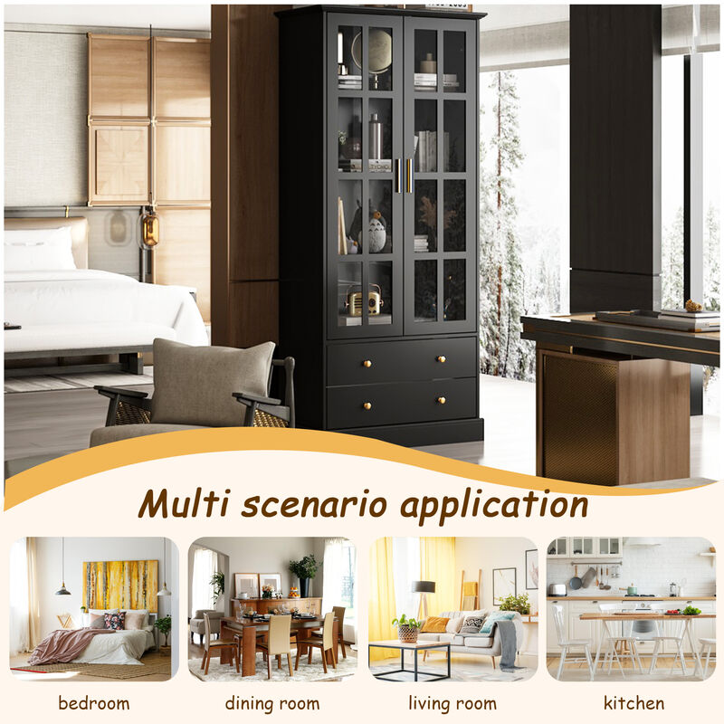 FUFU&GAGA Modern Bookcase with Glass Doors, 3 Fixed Shelves, and Spacious Drawers, Elegant Storage Cabinet for Living Room, Office, and Bedroom (70.1"H x 31.5"W x 15.4"D) image number 5